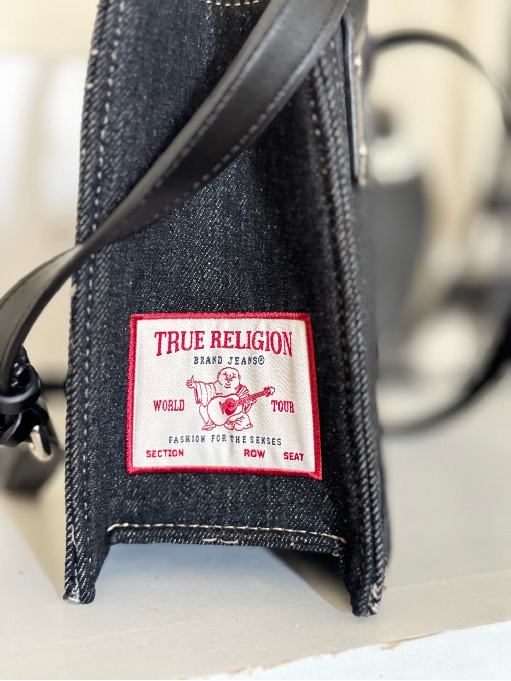 True Religion Black Denim Satchel with Leather Trim and Logo Stitching - Picture 3 of 11